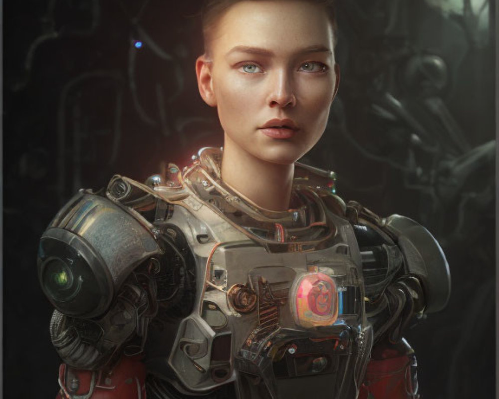 Digital artwork of woman in futuristic mechanized suit with undercut hairstyle