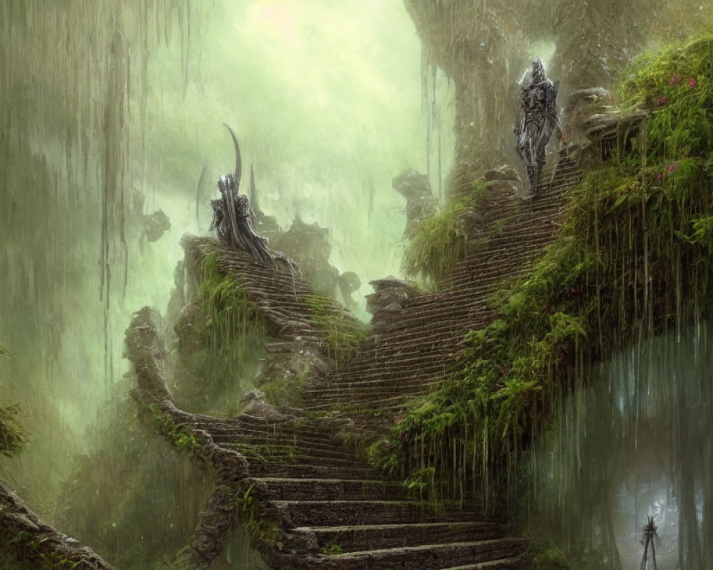 Moss-Covered Staircase in Enchanted Forest with Robed Figures