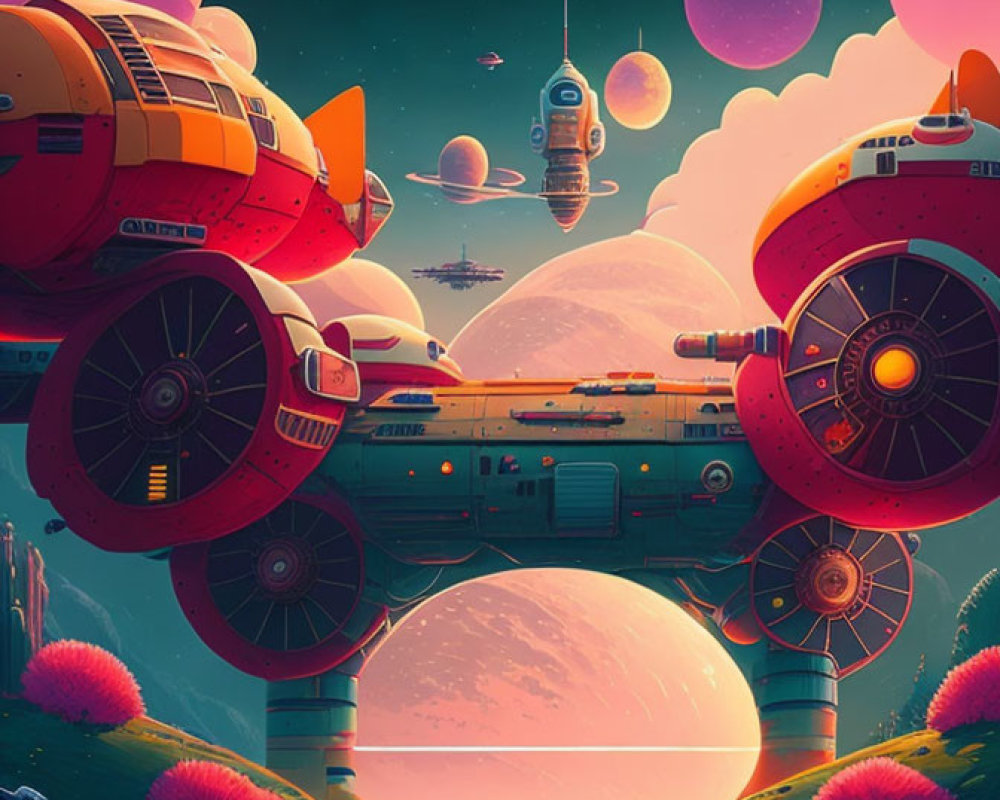 Large Spaceship Docked on Bridge in Vibrant Sci-Fi Scene