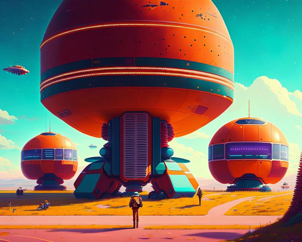 Futuristic landscape with spherical structures in orange sky