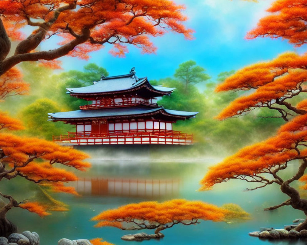 Traditional red pagoda in serene pond with mist and vibrant foliage