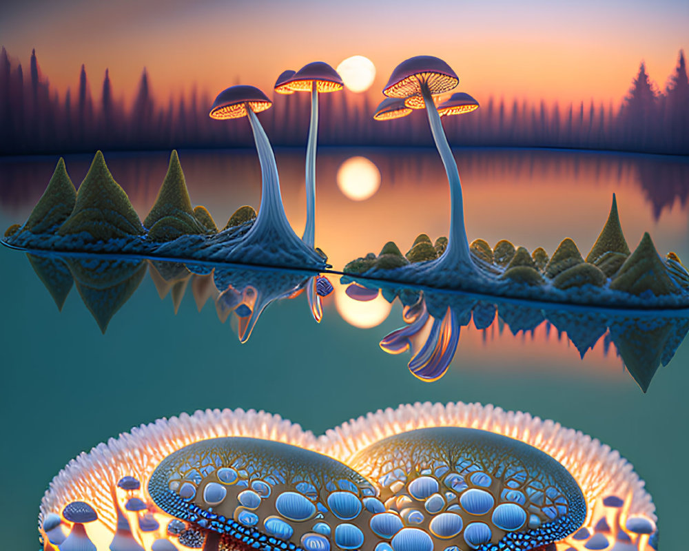 Surreal landscape with glowing mushrooms and trees reflected in water at sunset