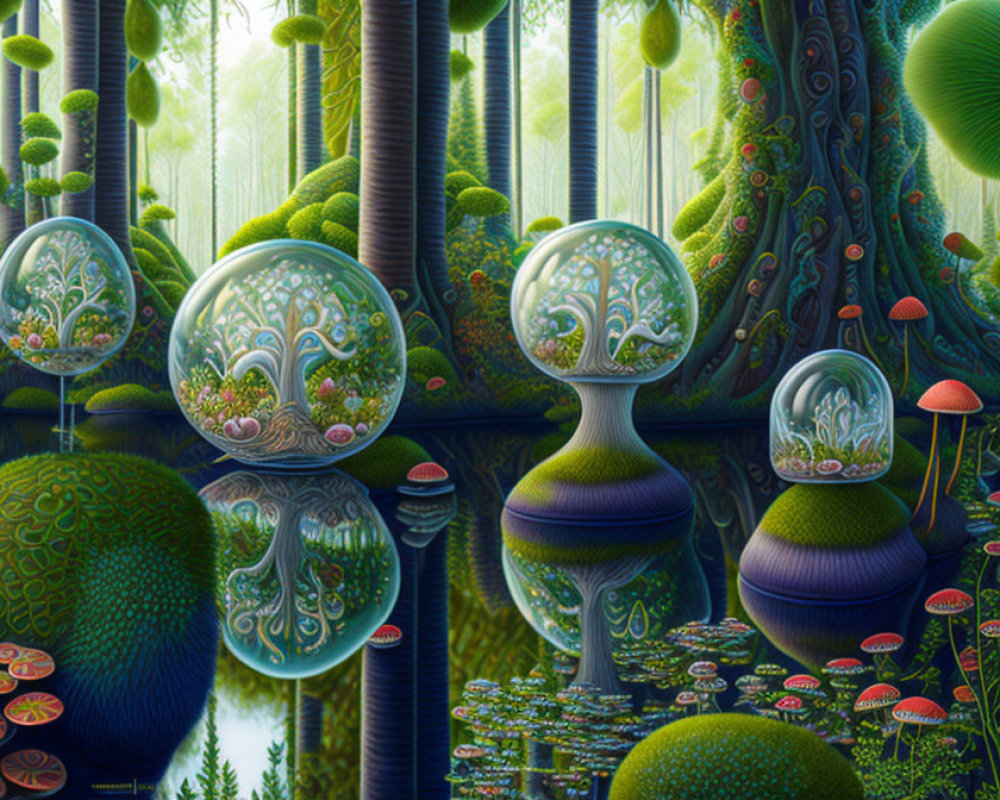 Fantastical forest with lush greenery and vibrant mushrooms