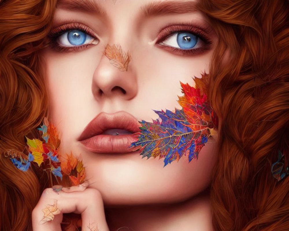 Digital artwork: Woman with vibrant red hair, blue eyes, adorned with autumn leaves.