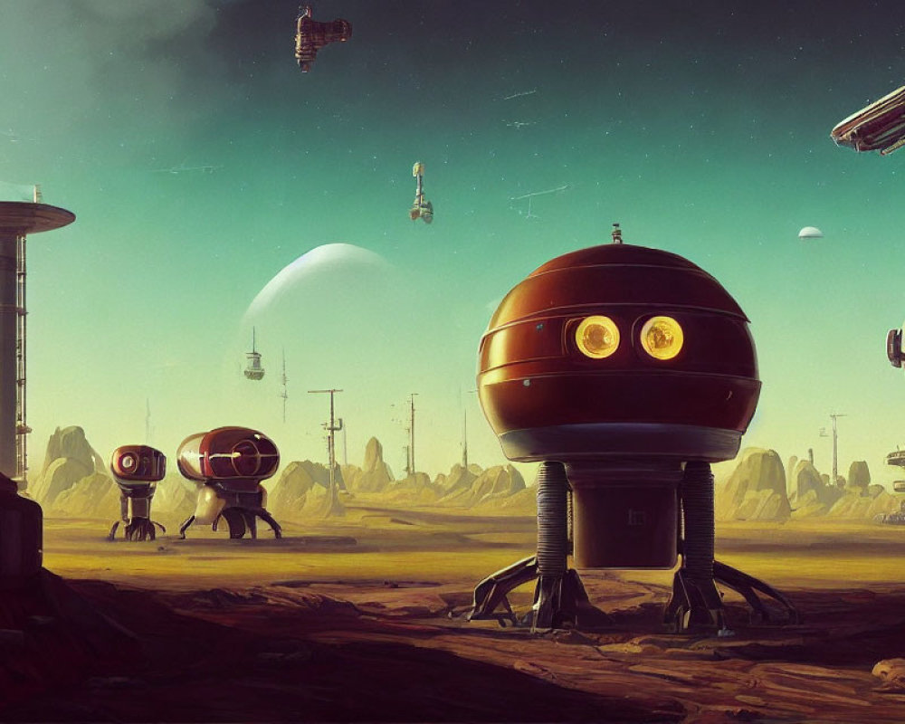 Futuristic landscape with robot-like structures and flying ships under greenish sky