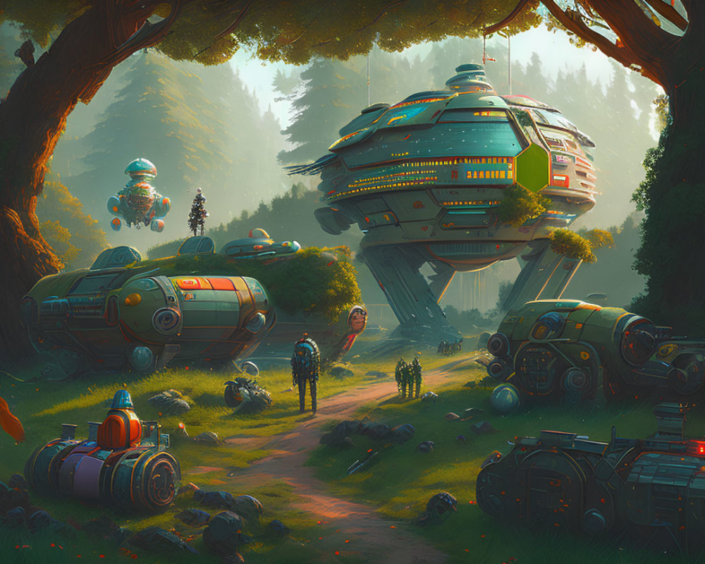 Futuristic forest scene with spaceship, drones, and explorers in spacesuits