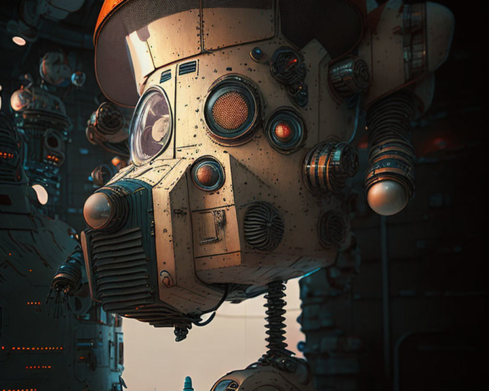 Orange spherical head robot in dimly lit mechanical setting