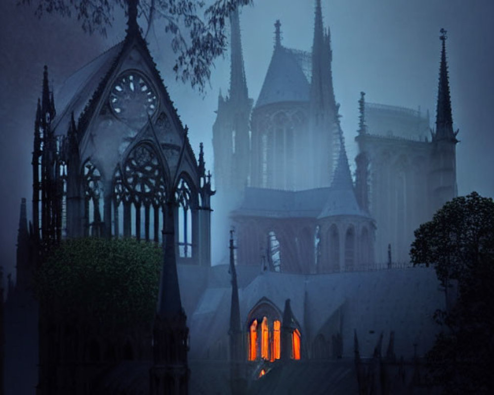 Gothic cathedral in fog with glowing window creates eerie atmosphere