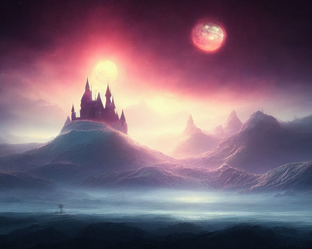 Fantasy castle on snowy mountain under starry sky with red moon and misty peaks