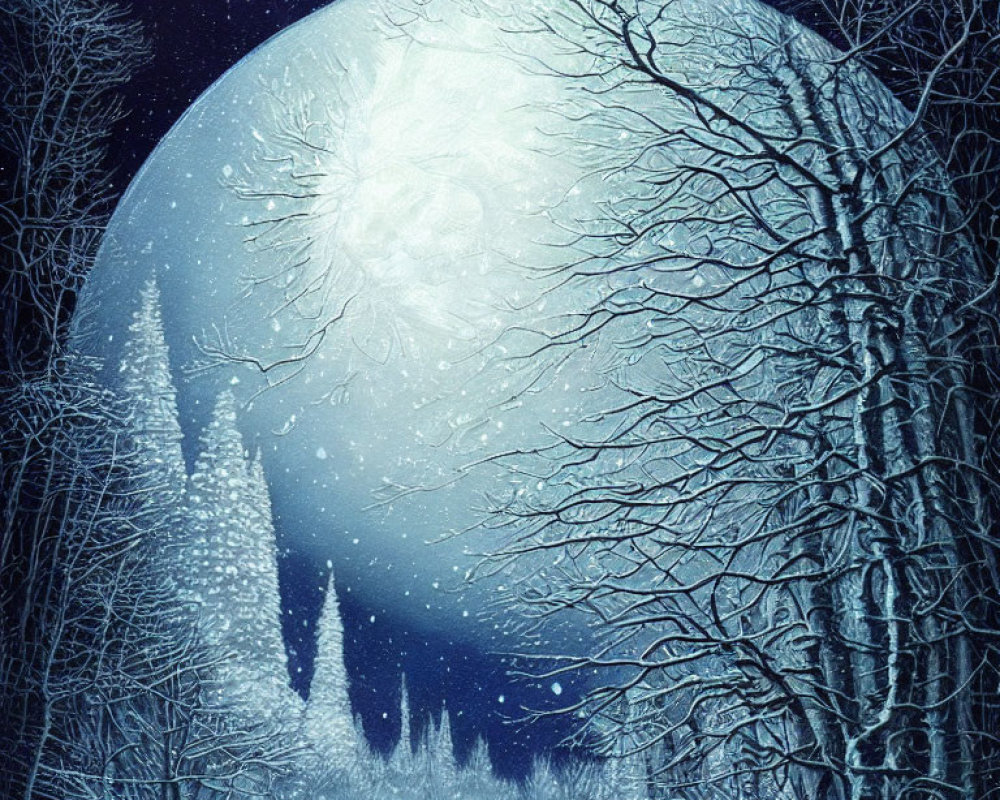 Snowy Night Landscape with Moonlit Trees and Figure