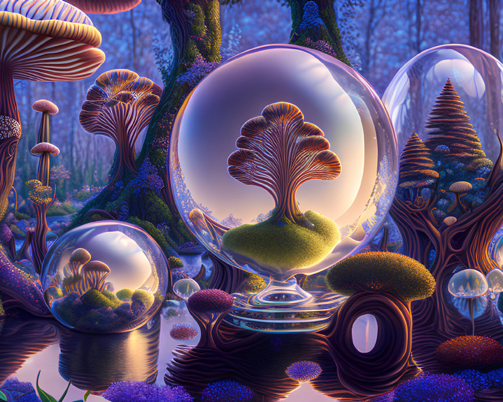 Vibrant mushrooms and reflective bubbles in surreal forest scene