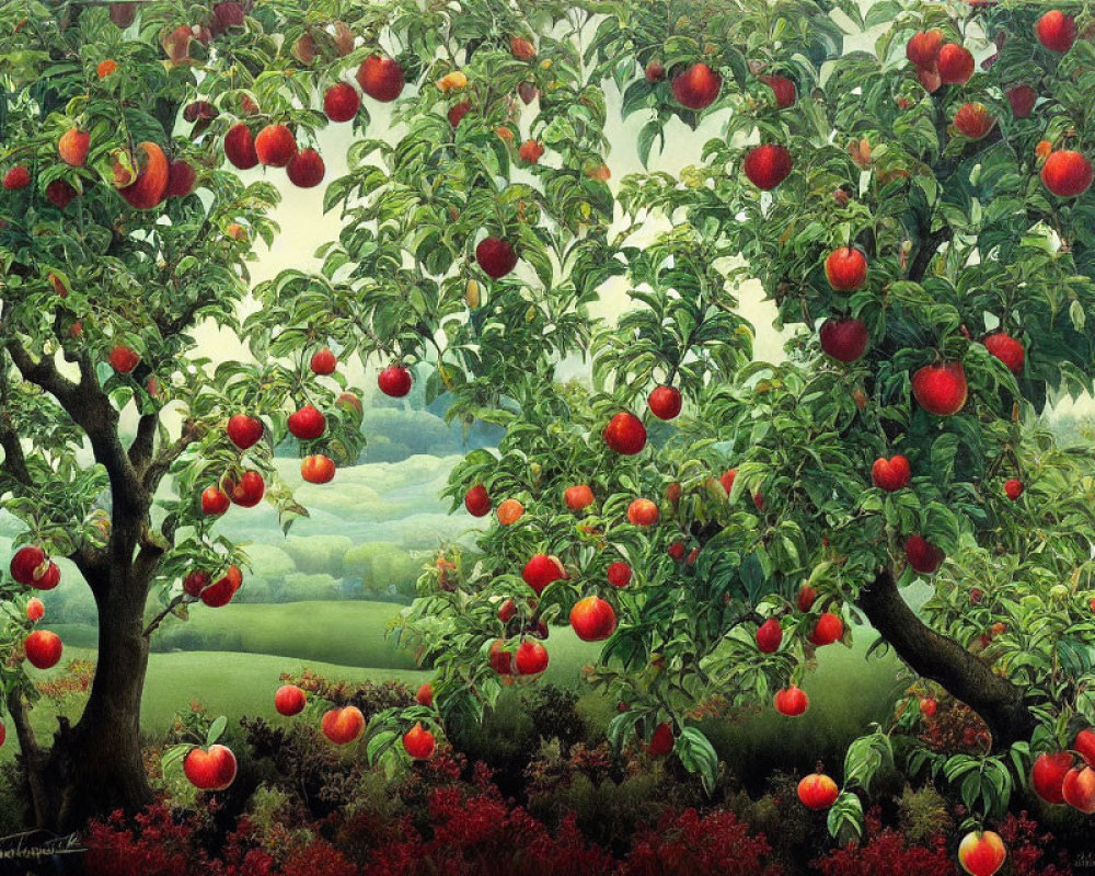 Ripe red apples in lush apple orchard with green fields