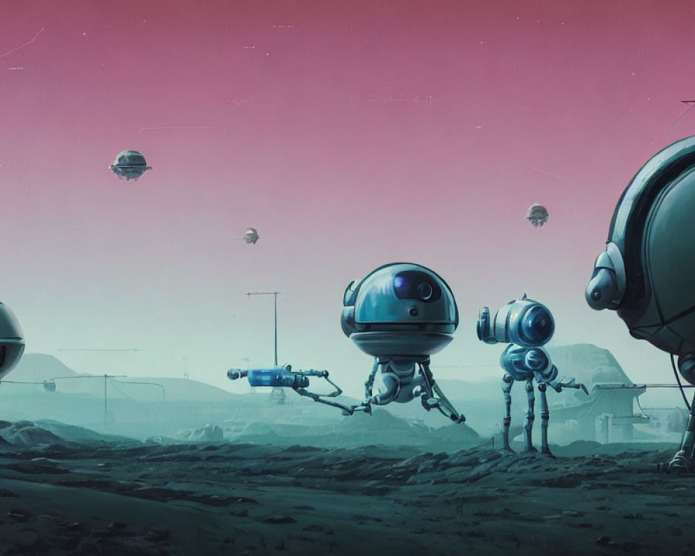 Futuristic robots on alien planet with pink skies and spacecraft.