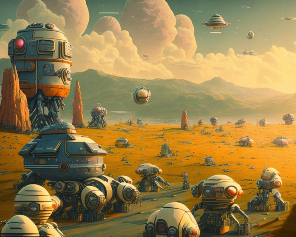 Sci-fi landscape with robots, spaceships, and towering rock formations