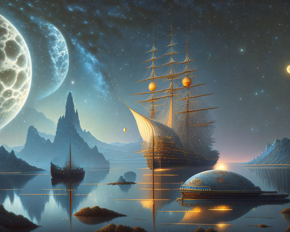 Nighttime seascape with tall ship, glowing orb, and multiple moons over tranquil waters.