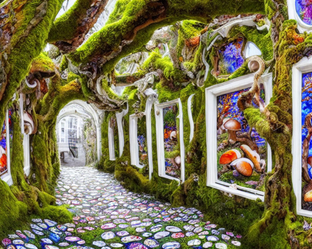 Colorful Psychedelic Imagery in Vibrant Moss-Covered Corridor