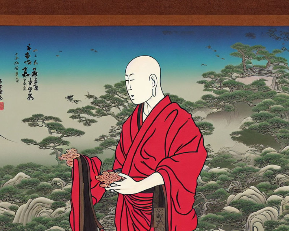 Bald Figure in Red Robes with Prayer Beads in Eastern Landscape