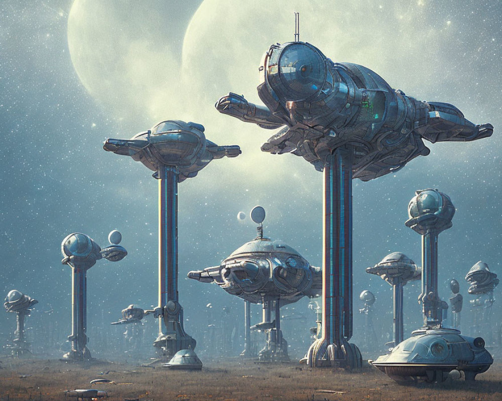 Futuristic cityscape with towering domed structures and flying saucers on alien world