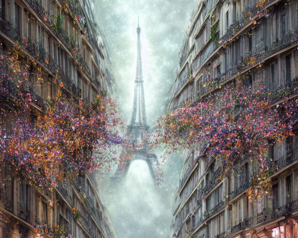 Eiffel Tower in Paris with blossoming trees on misty street