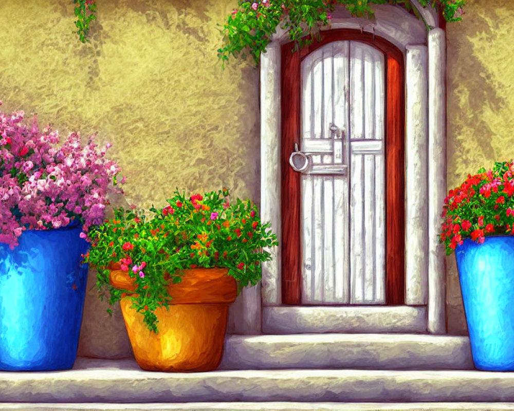 Colorful Flower Pots Flank White Door in Sunny Stucco Wall