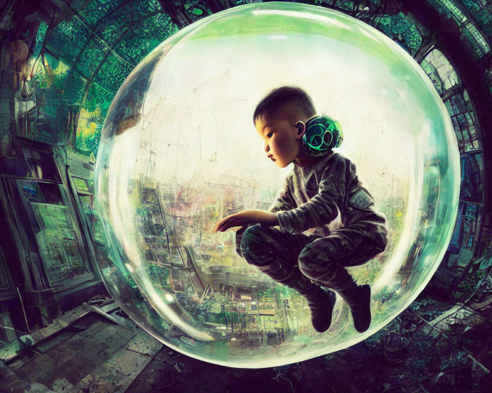 Child in headphones inside futuristic bubble in dilapidated room