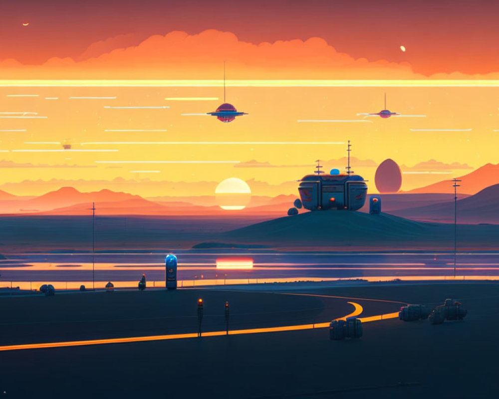 Futuristic sunset landscape with large vehicle, water reflection, mountains, flying saucers, and