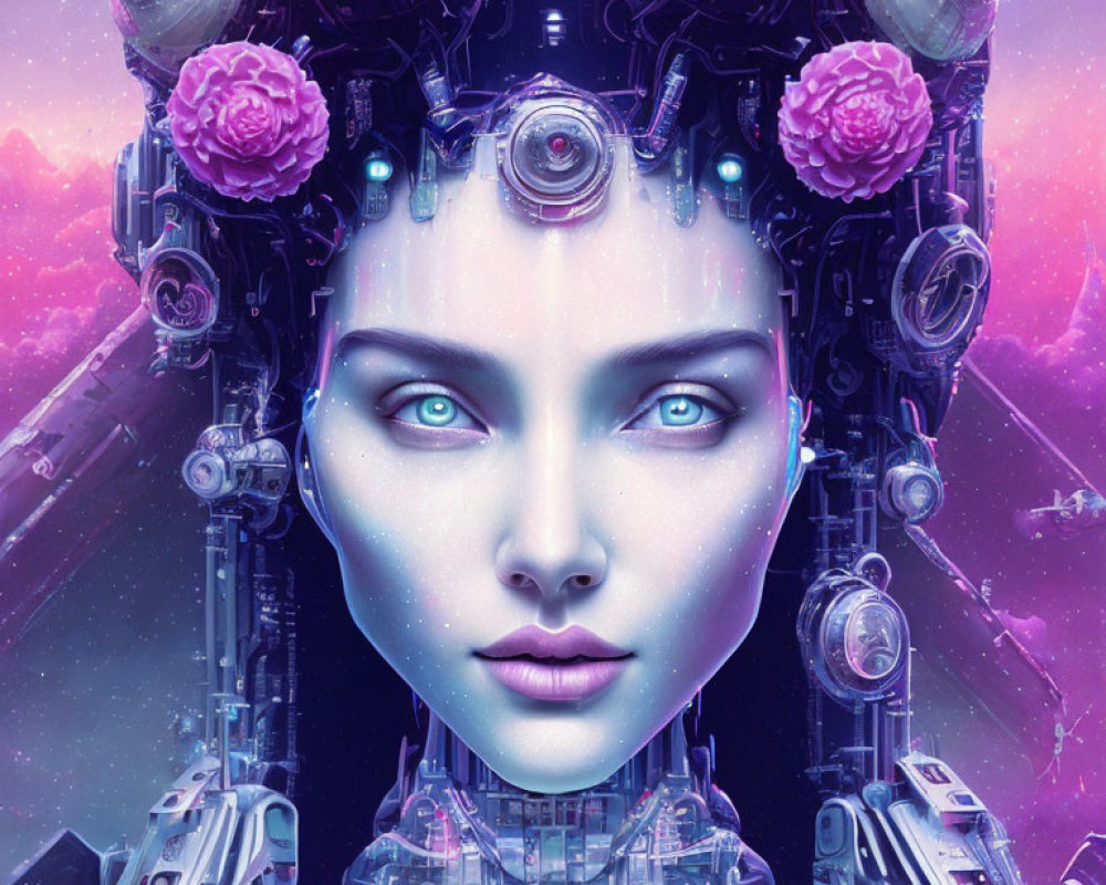 Futuristic female android digital art with mechanical parts and pink flowers