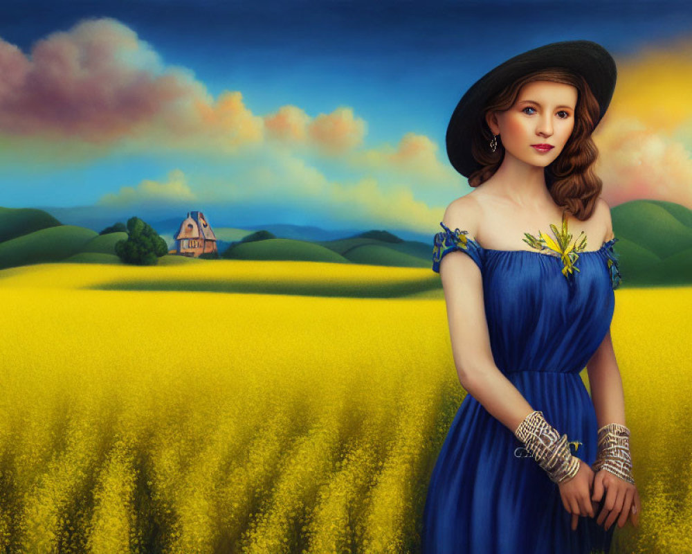 Woman in Blue Off-Shoulder Dress Surrounded by Yellow Flower Field