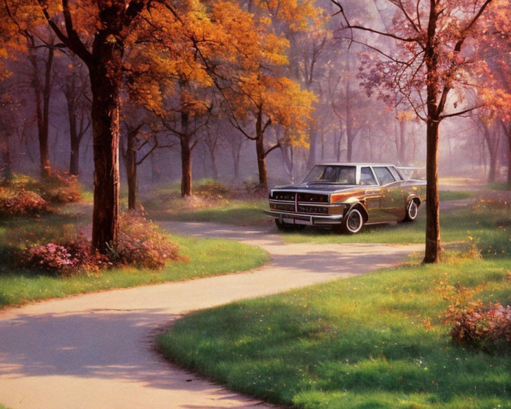 Vintage Car Parked on Winding Path in Tranquil Autumn Forest