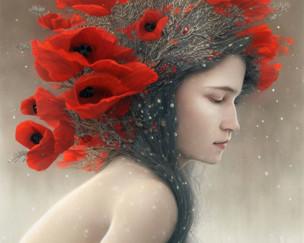 Serene woman with red poppy crown and frost-covered shoulders