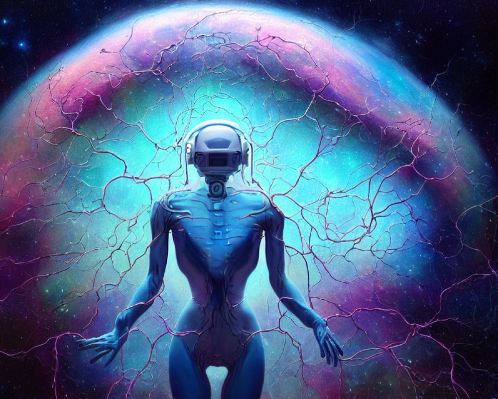 Cosmic backdrop with humanoid figure in space helmet