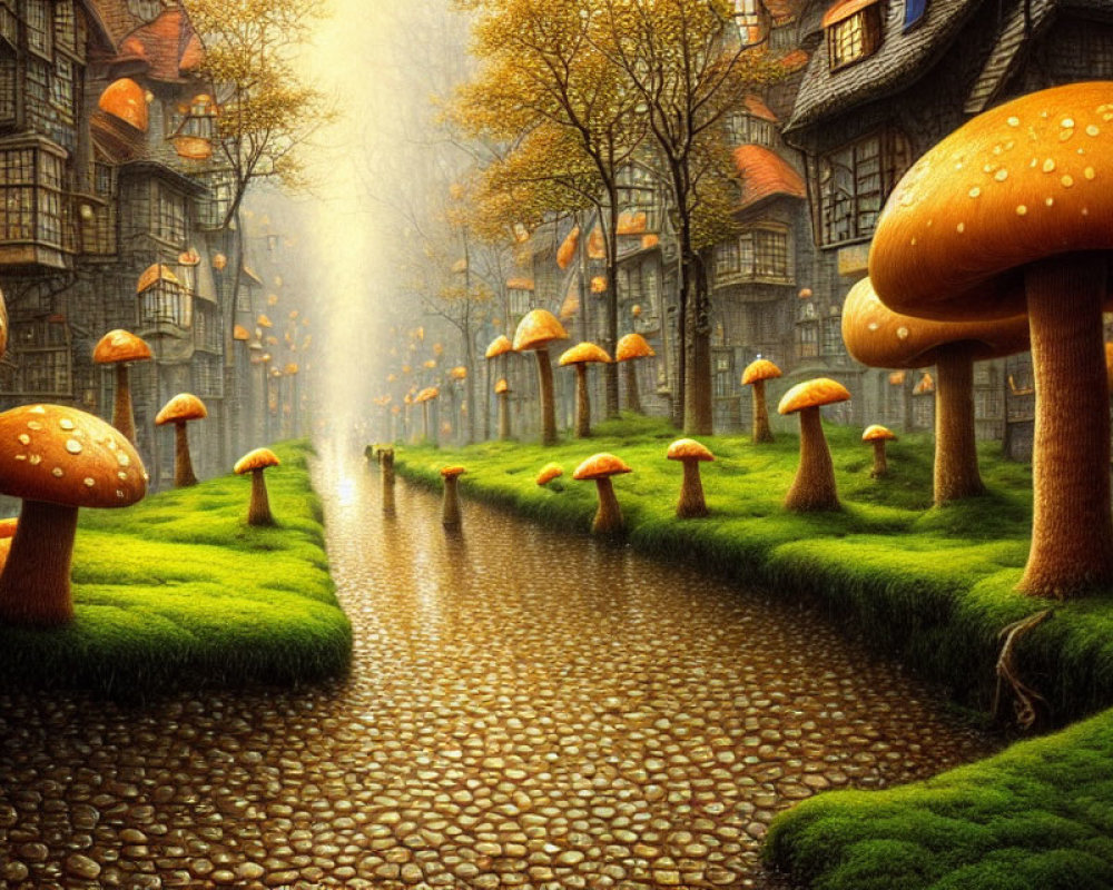 Fantasy cobblestone path with oversized mushrooms and misty buildings.