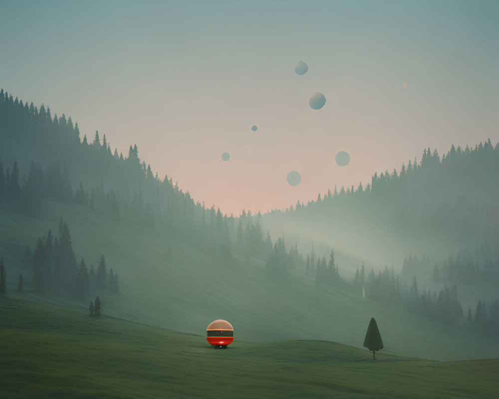 Tranquil landscape with rolling hills, tree, futuristic pod, and floating orbs at dawn