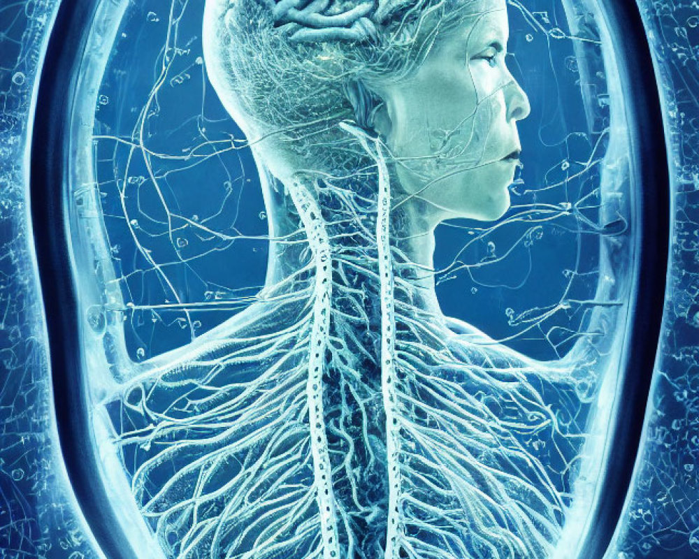 Human Silhouette Illustration: Brain and Nervous System with Neurons in Blue Hue