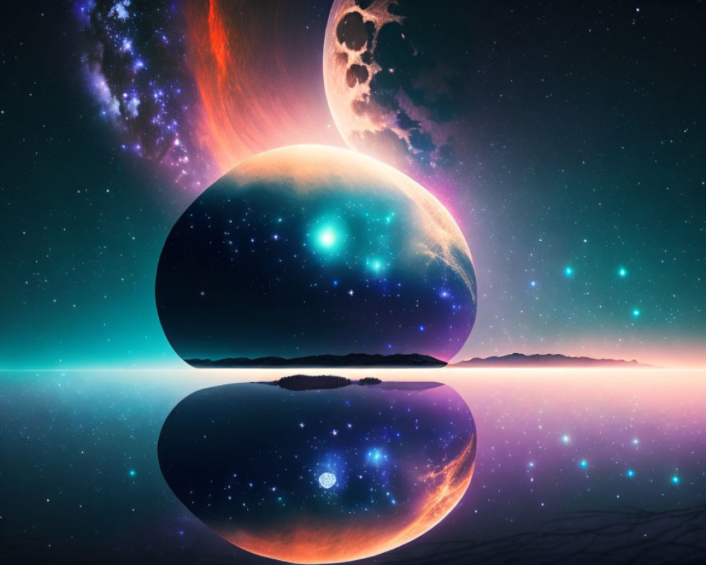 Colorful cosmic illustration with celestial bodies and star-filled sky