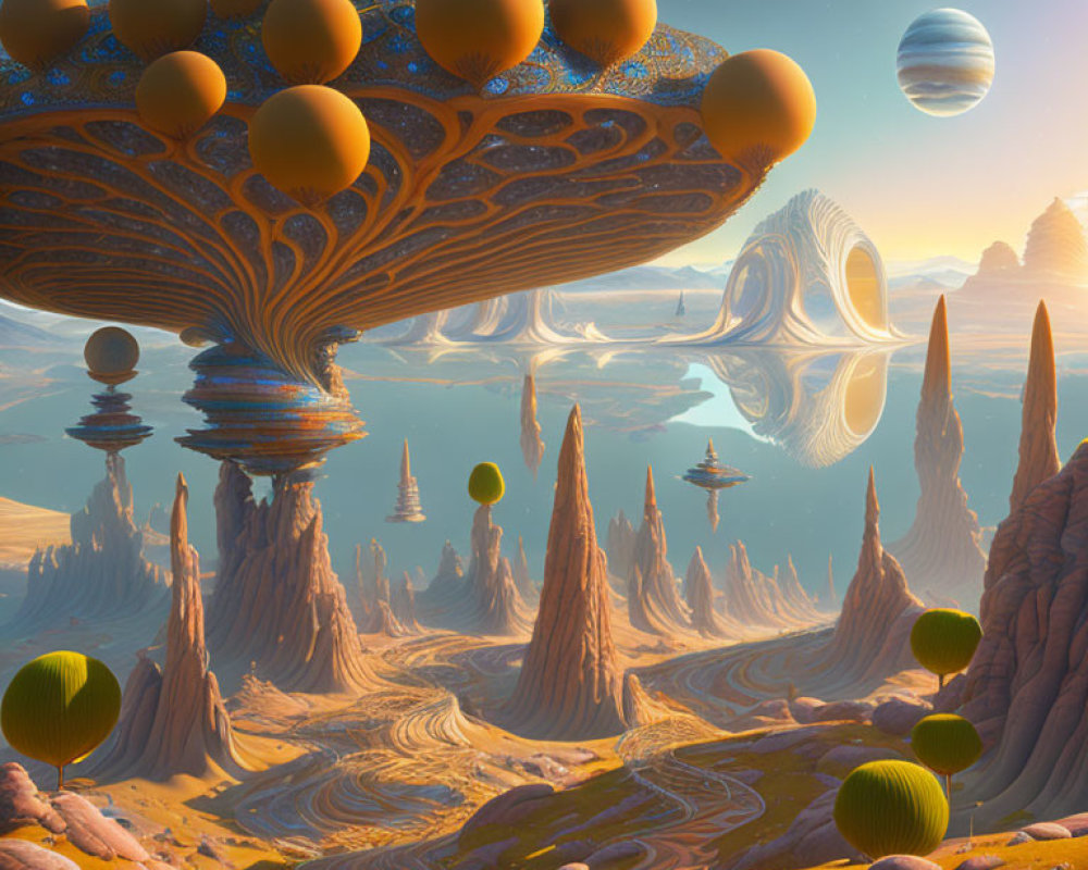 Surreal landscape with golden spheres on rock formations reflecting on water