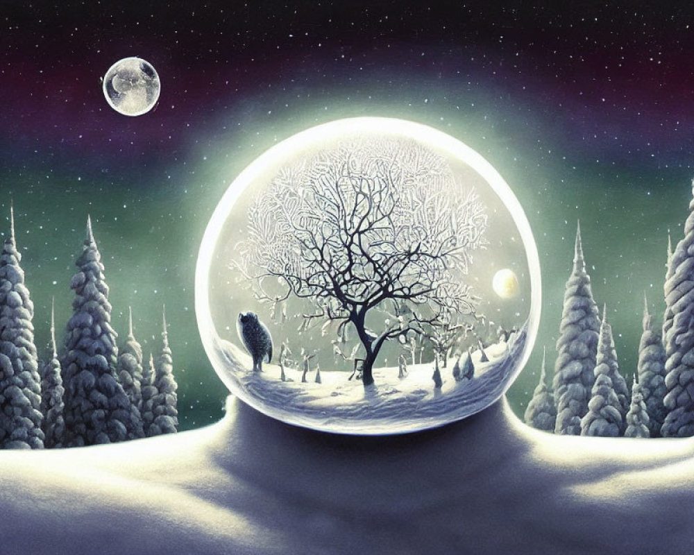 Snowy Landscape with Person in Bubble Under Starry Sky