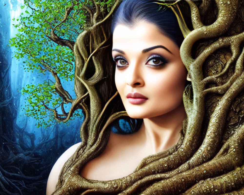 Woman with intricate tree branches and leaves in mystical forest setting