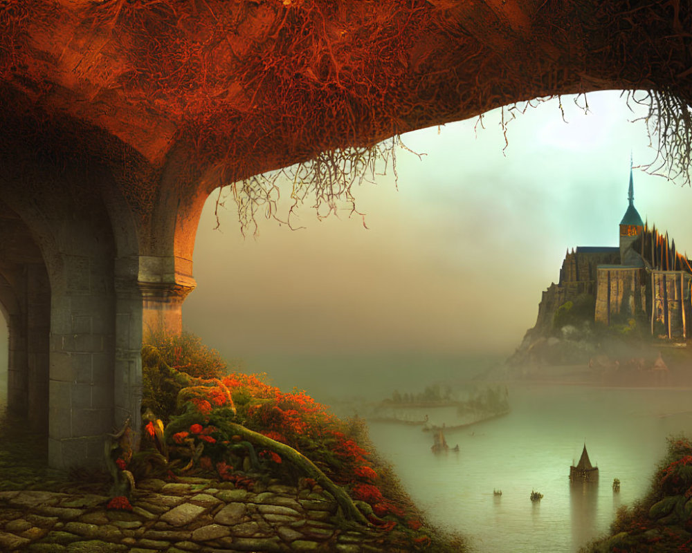 Sunset illuminating castle on rocky island through archway with boats on fog-covered waters