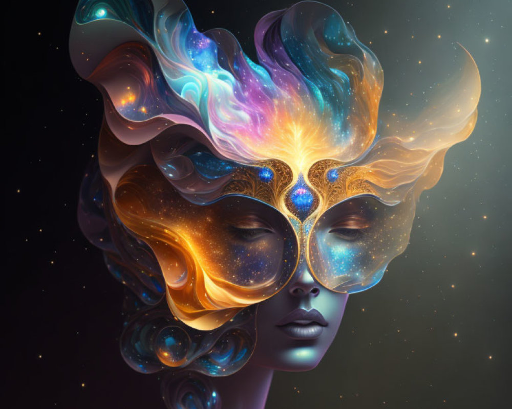 Surreal female face with cosmic mask and vibrant swirling hair against starry backdrop