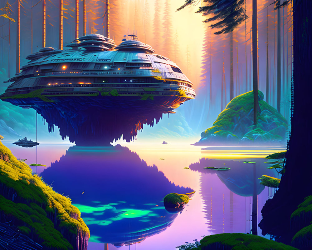 Futuristic city hovers over tranquil lake in alien forest at sunrise.