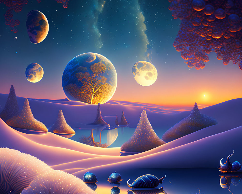 Surreal twilight landscape with river, trees, hills, starry sky, moons, and planets