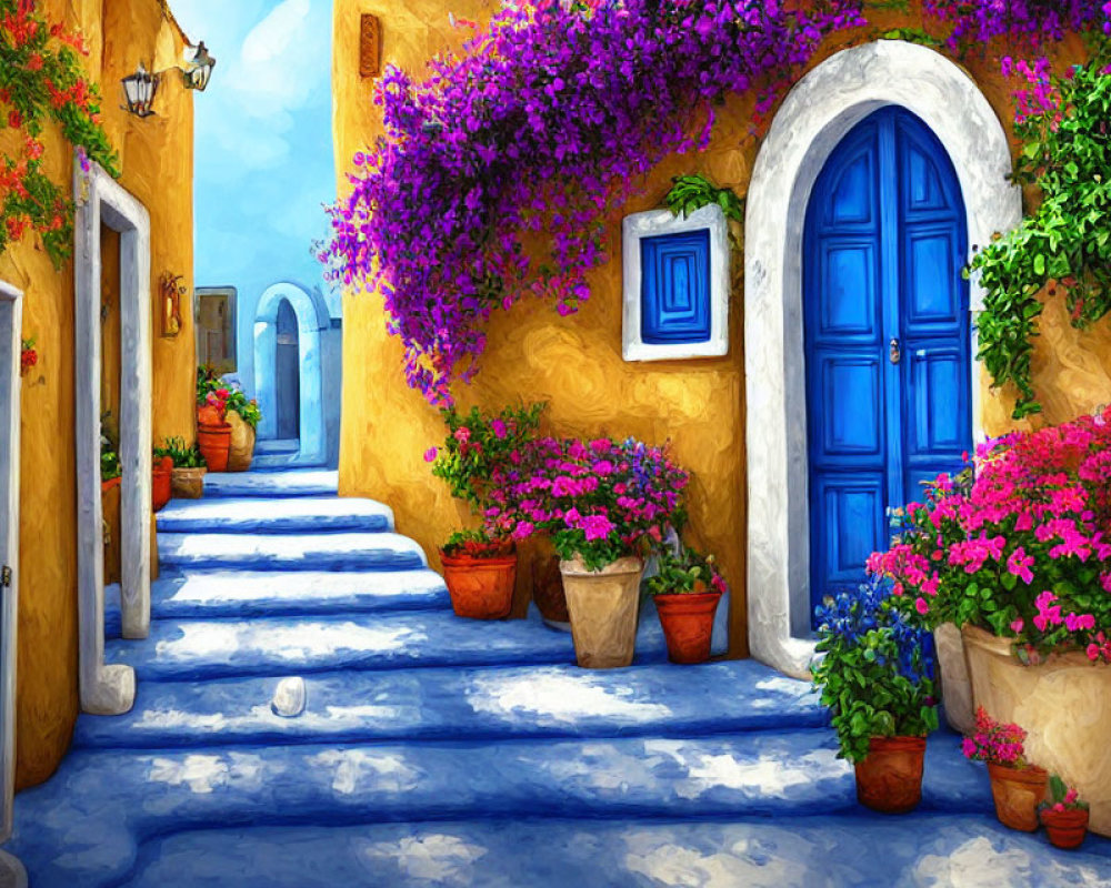 Colorful painting of sunny alley with blue door & yellow walls