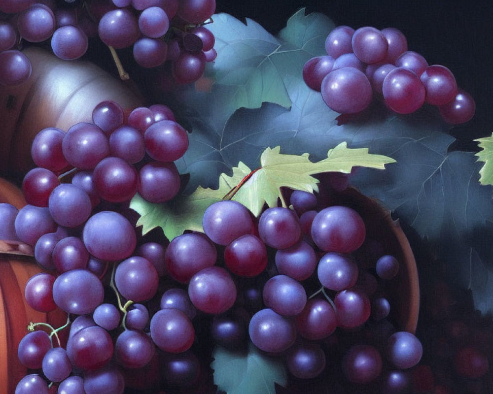 Purple Grapes Clusters with Green Leaves on Wooden Barrels in Dark Setting