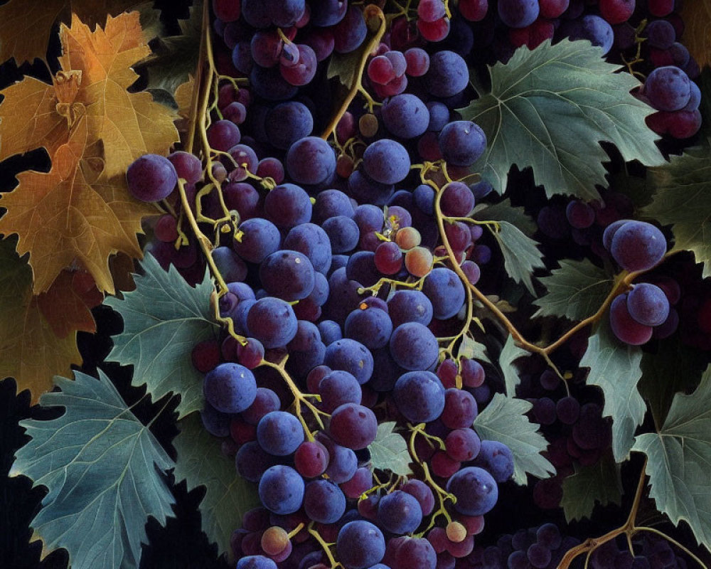 Ripe purple grapes in lush vineyard setting