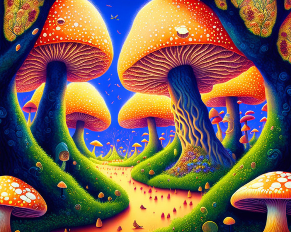 Enchanted forest illustration with oversized mushrooms and magical pathway