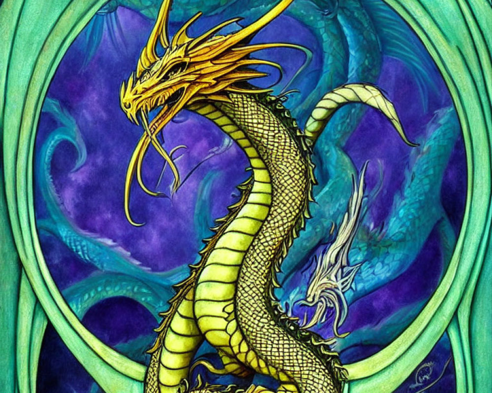 Golden dragon illustration with Celtic border on swirling blue and purple backdrop