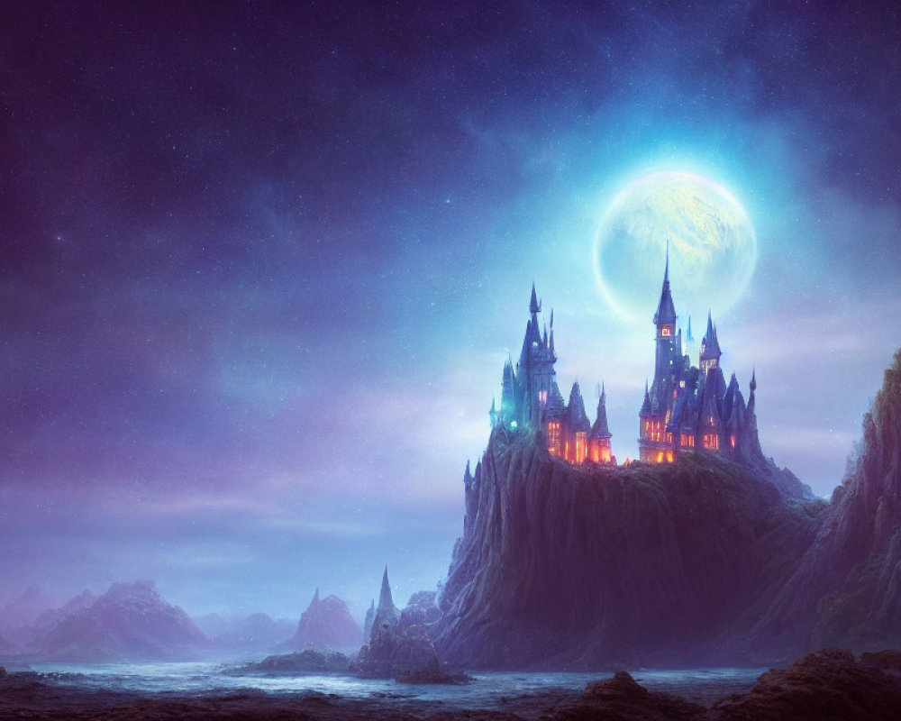 Mystical castle on craggy cliff under large moon