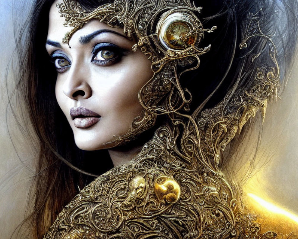 Intricate golden headgear and armor with gemstone on woman.