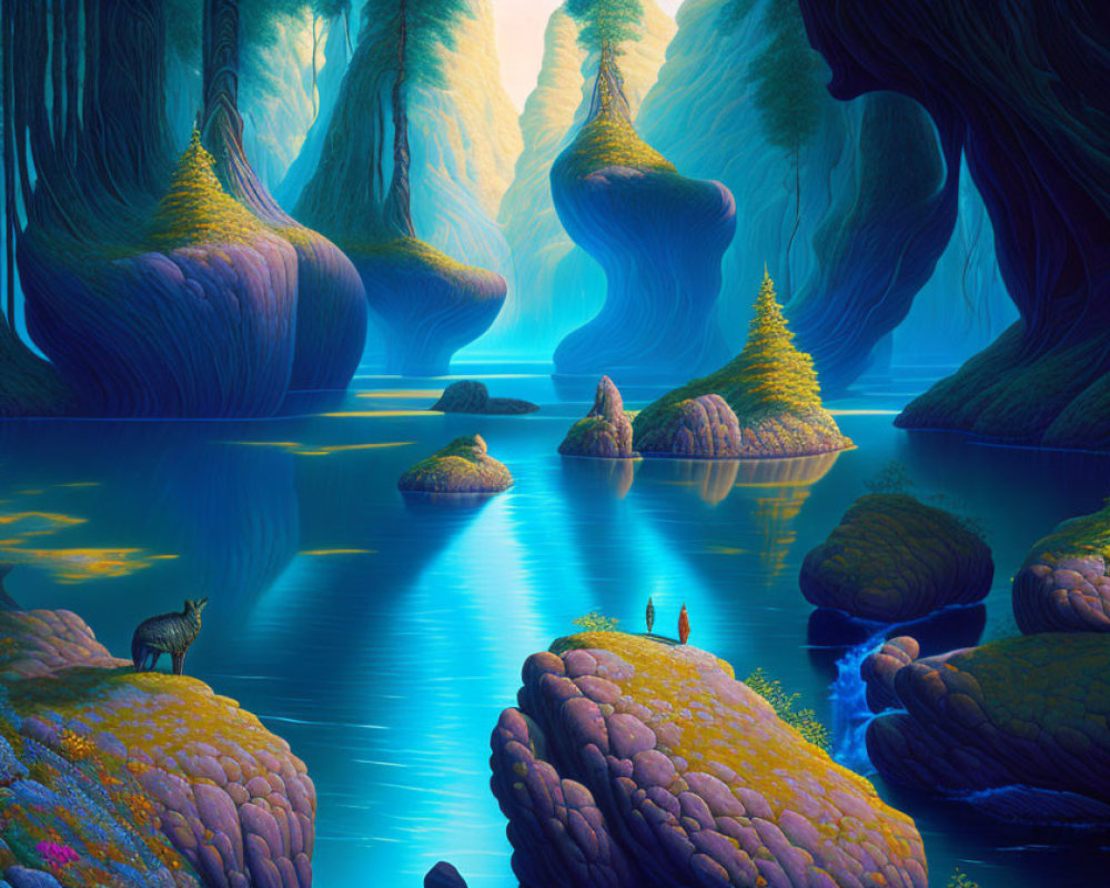 Fantasy landscape with towering trees, blue river, colorful flora, and small figures.